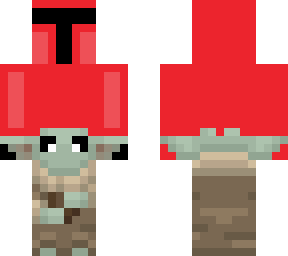 Red mandalorian with baby yoda walking in front